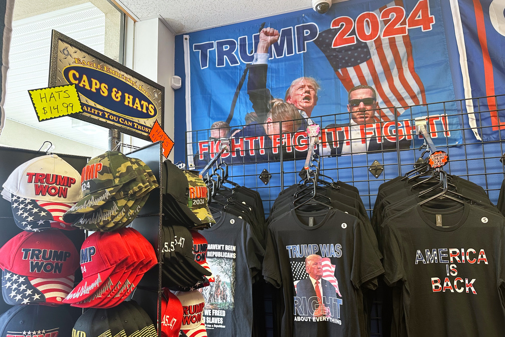Merchandise is seen for sale at the Trump Store in Bensalem, Pa., Jan. 5, 2026, after owner Mike Domanico announced the storefront will close at the end of the month after six years. (AP Photo/Mike Catalini)