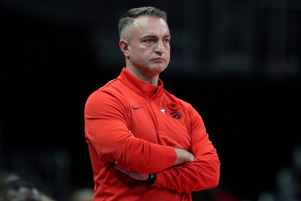 Toronto Raptors head coach Darko Rajakovic watches play against the Atlanta Hawks during the first half of an NBA basketball game, Friday, Nov. 7, 2025, in Atlanta. (AP Photo/Mike Stewart)