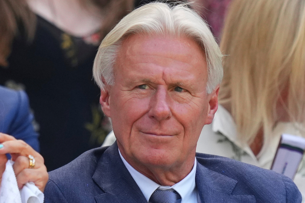 FILE - Tennis legend Bjorn Borg sits in the Royal Box to watch Aryna Sabalenka, of Belarus, and Amanda Anisimova ,of the United States,. to play in a women's singles semifinal match at the Wimbledon Tennis Championships in London, Thursday, July 10, 2025. (AP Photo/Kirsty Wigglesworth, File)