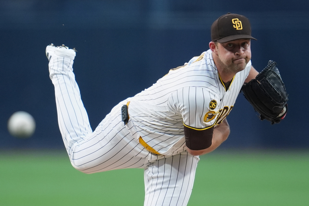 San Diego Padres starting pitcher Michael King works against a St. Louis Cardinals batter during the first inning of a baseball game Thursday, May 7, 2026, in San Diego. (AP Photo/Gregory Bull)
