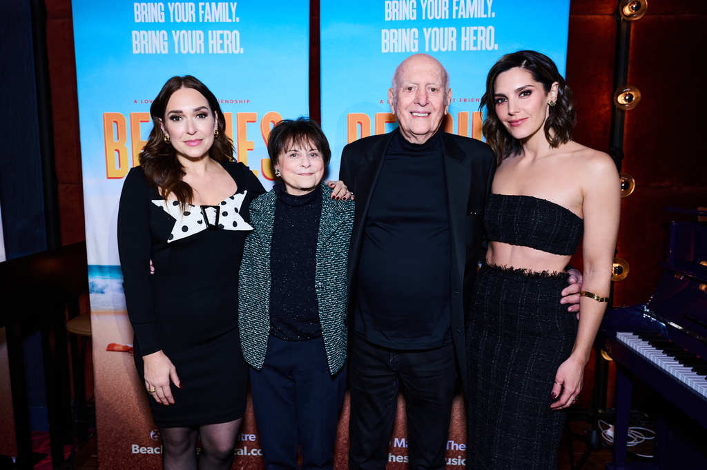 Actor Jessica Vosk, from left, author Iris Rainer Dart, composer Mike Stoller, and actor Kelli Barrett appear at a photo call for the musical "Beaches" in New York on Feb. 12, 2026. (Jenny Anderson via AP)