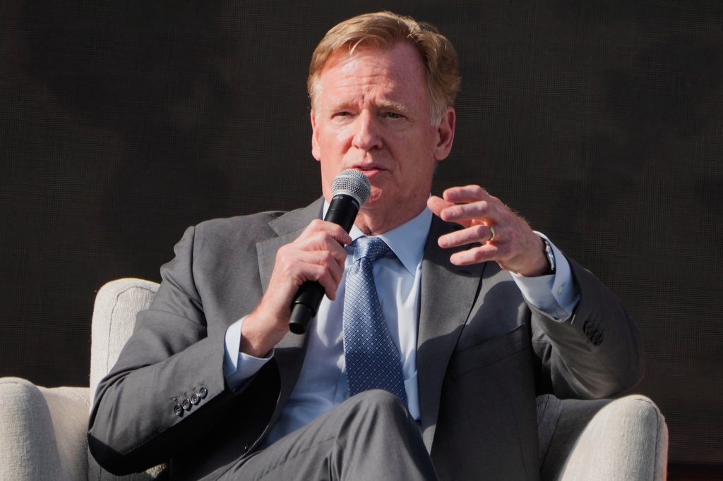 NFL Commissioner Roger Goodell participates in a panel discussion during groundbreaking ceremonies for the new Cleveland Browns stadium in Brook Park, Ohio, Thursday, April 30, 2026. (AP Photo/Sue Ogrocki)