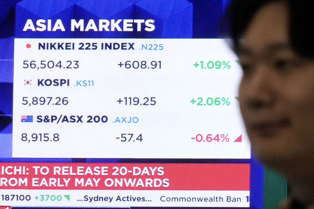 A screen showing Asia markets indexes at the foreign exchange dealing room of the Hana Bank headquarters, in Seoul, South Korea, Friday, April 10, 2026. (AP Photo/Ahn Young-joon)