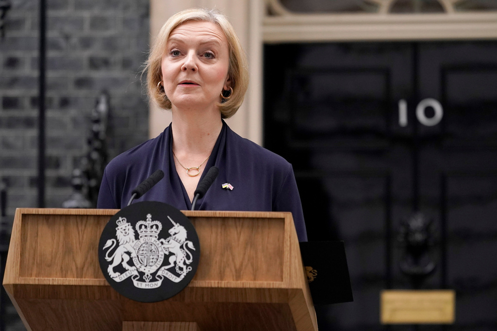 FILE - Britain's Prime Minister Liz Truss announces her resignation as Prime Minister and leader of the Conservative party, in Downing Street in London, Thursday, Oct. 20, 2022. (AP Photo/Alberto Pezzali, File)