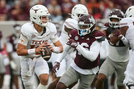 Texas quarterback Arch Manning, left, scrambles out of the pocket against Mississippi State linebacker Derion Gullette, front right, during the first half of an NCAA college football game in Starkville, Miss., Saturday, Oct. 25, 2025. (AP Photo/James Pugh) Texas quarterback Arch Manning, left, scrambles out of the pocket against Mississippi State linebacker Derion Gullette, front right, during the first half of an NCAA college football game in Starkville, Miss., Saturday, Oct. 25, 2025. (AP Photo/James Pugh)