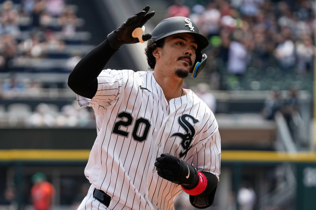 Chicago White Sox's Miguel Vargas celebrates as he rounds the bases after hitting a two-run home run during the first inning of a baseball game against the Kansas City Royals in Chicago, Sunday, June 28, 2026. (AP Photo/Nam Y. Huh)