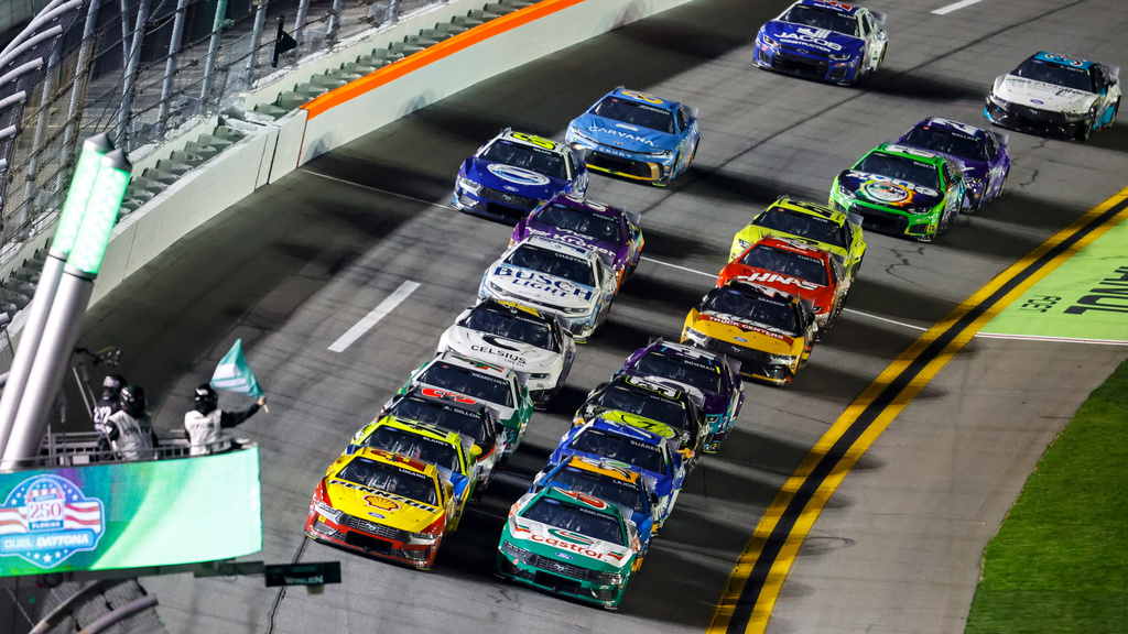 Cars move on the track during the first of two NASCAR Daytona 500 qualifying auto races at Daytona International Speedway, Thursday, Feb. 12, 2026, in Daytona Beach, Fla. (AP Photo/David Graham)
