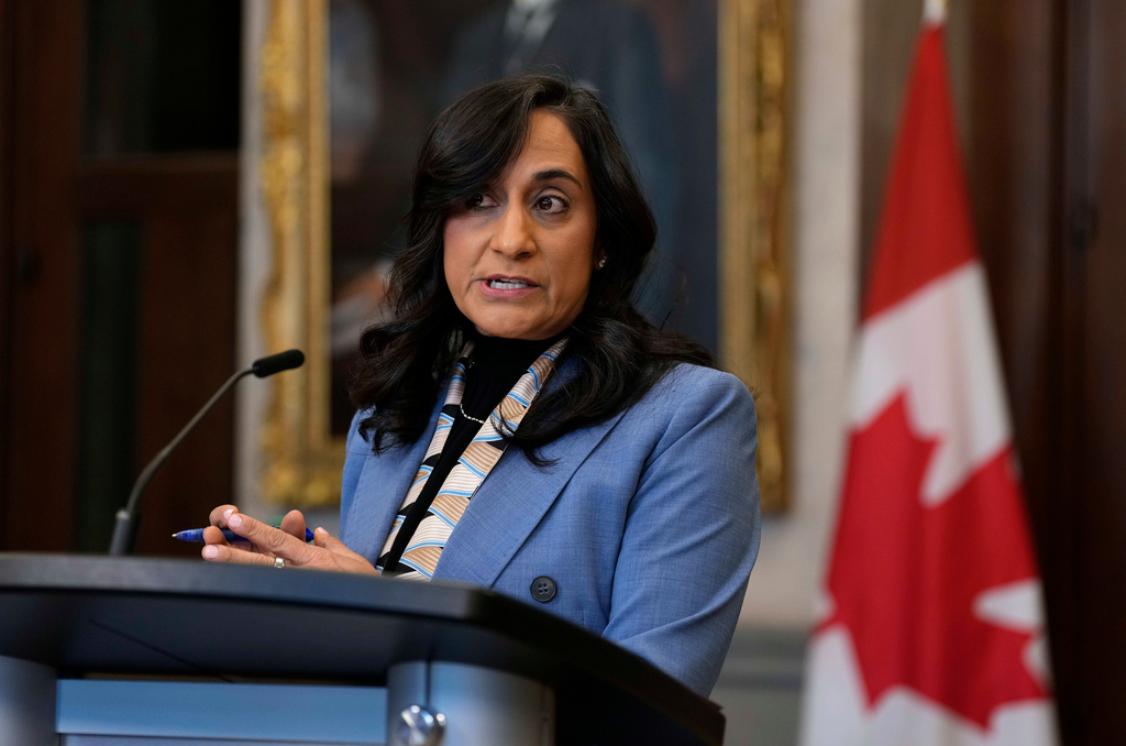 Canada Minister of Foreign Affairs Anita Anand speaks at a news conference regarding the security situation in Mexico, in the Foyer of the House of Commons on Parliament Hill in Ottawa, on Monday, Feb. 23, 2026. (Justin Tang/The Canadian Press via AP)