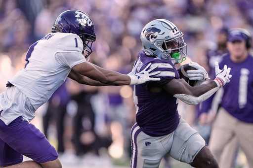 Kansas State running back Joe Jackson, right, is pushed out of bounds by TCU safety Austin Jordan (1) as he runs the ball for a first down during the second half of an NCAA college football game against TCU, Saturday, Oct. 11, 2025, in Manhattan, Kan. (AP Photo/Charlie Riedel) Kansas State running back Joe Jackson, right, is pushed out of bounds by TCU safety Austin Jordan (1) as he runs the ball for a first down during the second half of an NCAA college football game against TCU, Saturday, Oct. 11, 2025, in Manhattan, Kan. (AP Photo/Charlie Riedel)