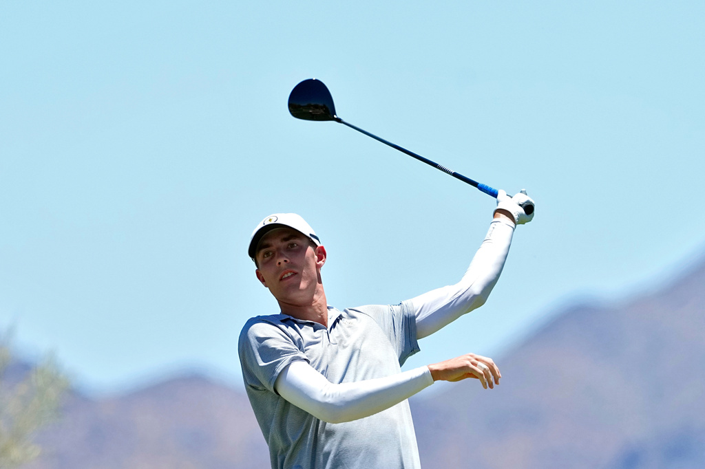 FILE - Georgia Tech golfer Ross Steelman hits from the third tee during the final round of the NCAA college men's stroke play golf championship, May 29, 2023, in Scottsdale, Ariz. (AP Photo/Matt York, File)