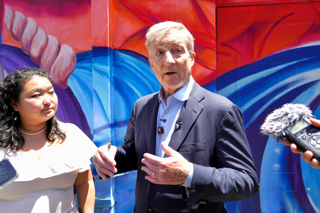 California gubernatorial candidate Tom Steyer speaks with reporters during a campaign event in Berkeley, Calif., Wednesday, May 27, 2026. (AP Photo/Terry Chea)