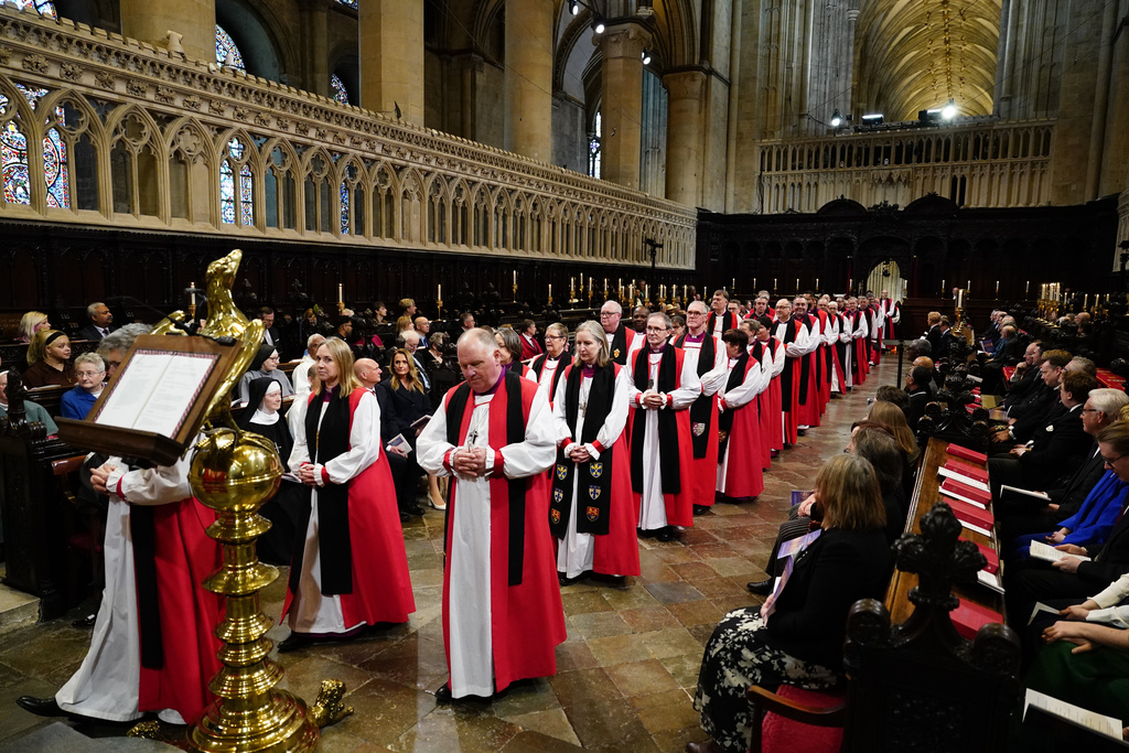 The Primates of the Anglican Communion arrive ahead of the Enthronement Ceremony installing Dame Sarah Mullally as the 106th Archbishop of Canterbury, at Canterbury Cathedral, England, Wednesday March 25, 2026. (Jordan Pettit, Pool Photo via AP)