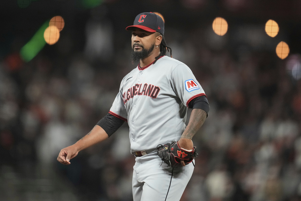 FILE - Cleveland Guardians pitcher Emmanuel Clase during a baseball game against the San Francisco Giants in San Francisco, June 17, 2025. (AP Photo/Jeff Chiu, file)