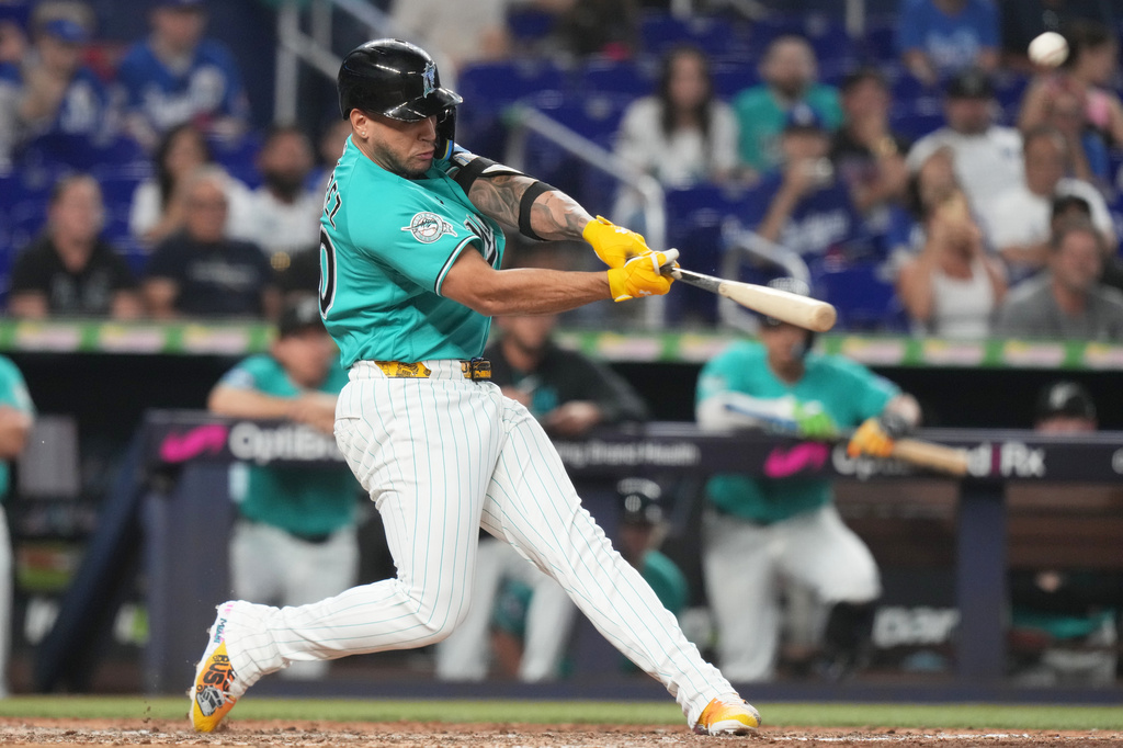 Miami Marlins' Agust&iacute;n Ram&iacute;rez (50) hits a walk-off two run home run in the ninth inning to defeat the Los Angeles Dodgers in a baseball game, Sunday, Sept. 13, 2026, in Miami. (AP Photo/Lynne Sladky)