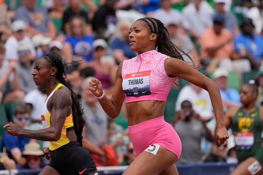 FILE - Gabby Thomas competes in the women's 200-meter semifinals during the U.S. Championships athletics meet in Eugene, Ore.,Sunday, Aug. 3, 2025. (AP Photo/Ashley Landis, file)