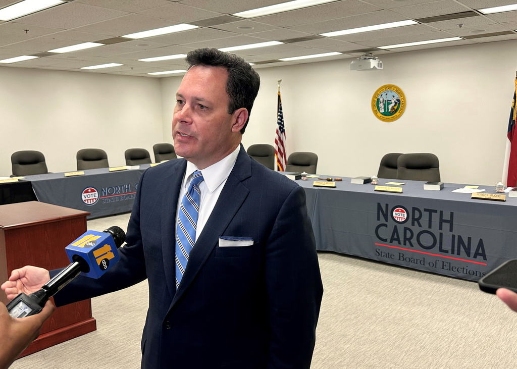North Carolina State Board of Elections Executive Director Sam Hayes speaks with reporters after a board meeting on Monday, Sept. 8, 2025, in Raleigh, N.C. (AP Photo/Gary D. Robertson)