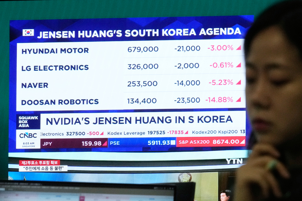 A screen shows South Korean companies's stock prices related to Nvidia CEO Jensen Huang, who is scheduled to visit South Korea at the foreign exchange dealing room of the Hana Bank headquarters in Seoul, South Korea, Friday, June 5, 2026. (AP Photo/Ahn Young-joon)