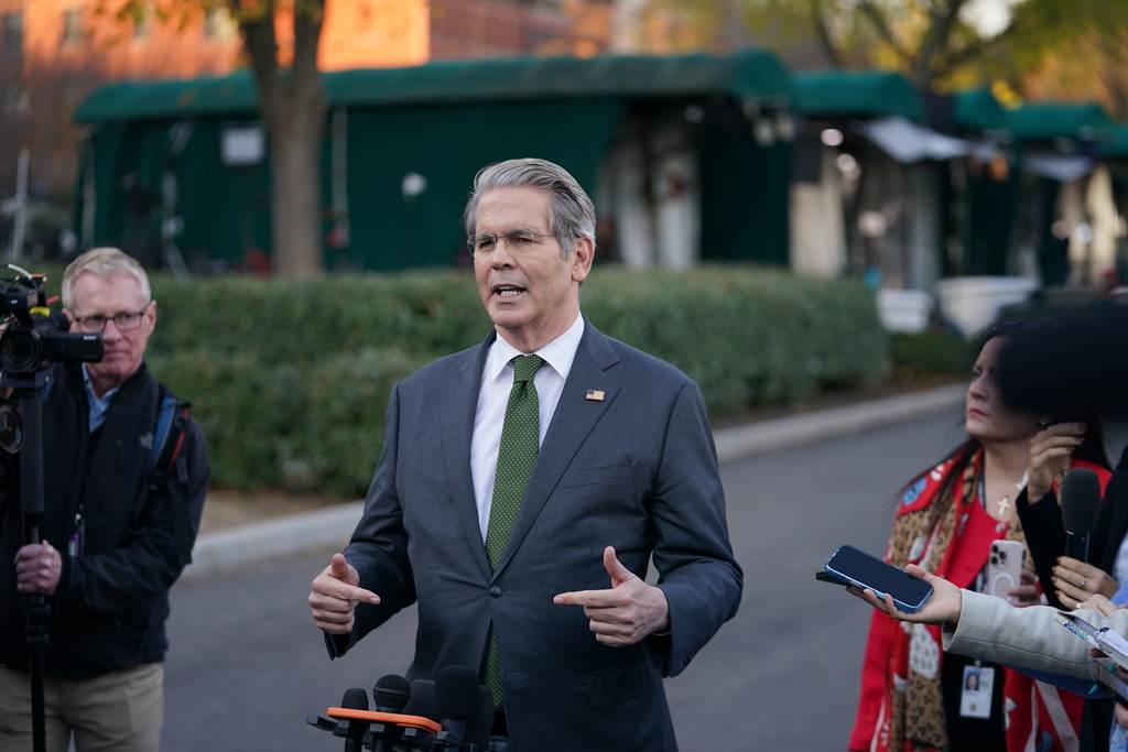 U.S. Secretary of the Treasury Scott Bessent speaks to reporters at the White House, Wednesday, Nov. 5, 2025, in Washington. (AP Photo/Allison Robbert)