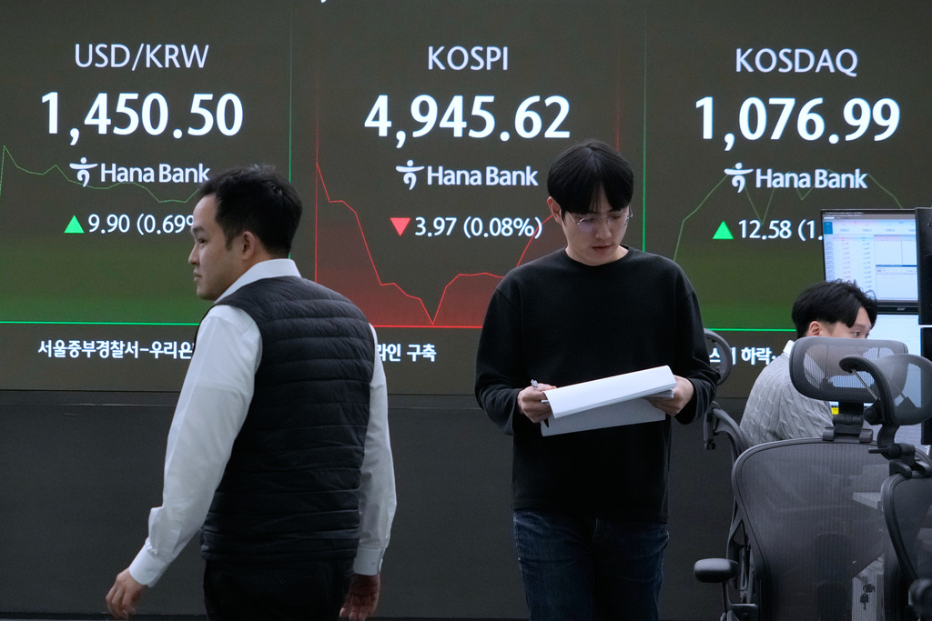 Currency traders pass by a screen showing the Korea Composite Stock Price Index (KOSPI), center, and the foreign exchange rate between U.S. dollar and South Korean won, left, at the foreign exchange dealing room of the Hana Bank headquarters in Seoul, South Korea, Tuesday, Jan. 27, 2026. (AP Photo/Ahn Young-joon)