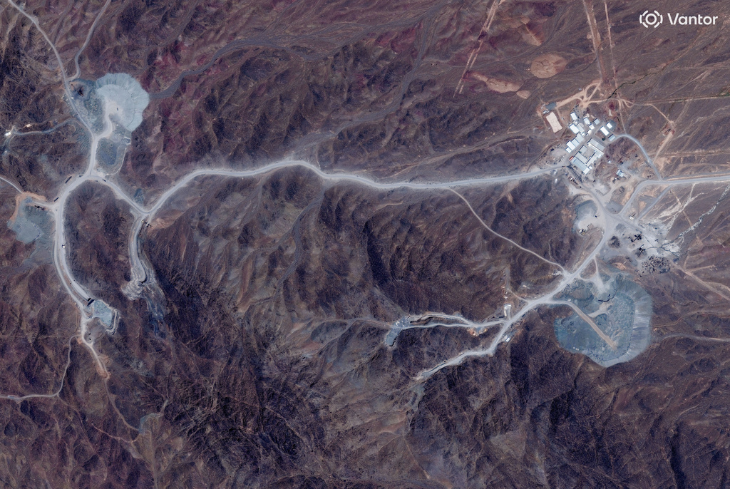 This satellite image provided by Vantor shows the view of tunnel entrances at the Pickaxe Mountain June 30, 2026, in Iran. (Satellite image ©2026 Vantor via AP)