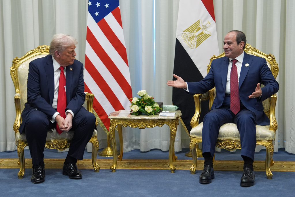 President Donald Trump meets with Egypt's President Abdel-Fattah el-Sissi during a summit to support ending the more than two-year Israel-Hamas war in Gaza after a breakthrough ceasefire deal, Monday, Oct. 13, 2025, in Sharm El Sheikh, Egypt. (AP Photo/Evan Vucci)
