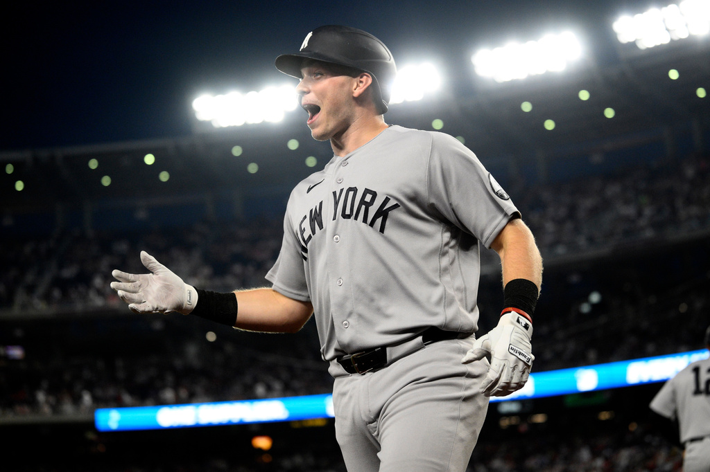 New York Yankees' Ben Rice celebrates his solo home run during the first inning of a baseball game against the Washington Nationals, Friday, July 10, 2026, in Washington. (AP Photo/Nick Wass)