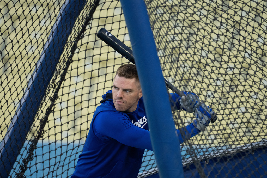 Los Angeles Dodgers' Freddie Freeman takes batting practice during practice Tuesday, Oct. 7, 2025, in Los Angeles, the day before Game 3 of baseball's National League Division Series against the Philadelphia Phillies. (AP Photo/Jae C. Hong)