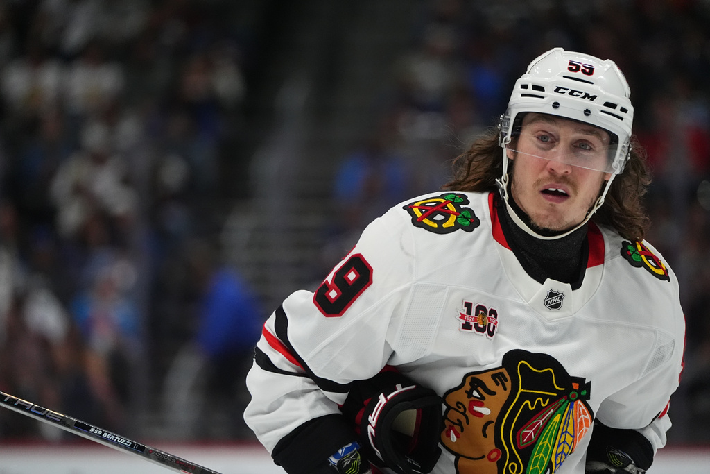 Chicago Blackhawks left wing Tyler Bertuzzi is seen in the second period of an NHL hockey game against the Colorado Avalanche, Saturday, Feb. 28, 2026, in Denver. (AP Photo/David Zalubowski)