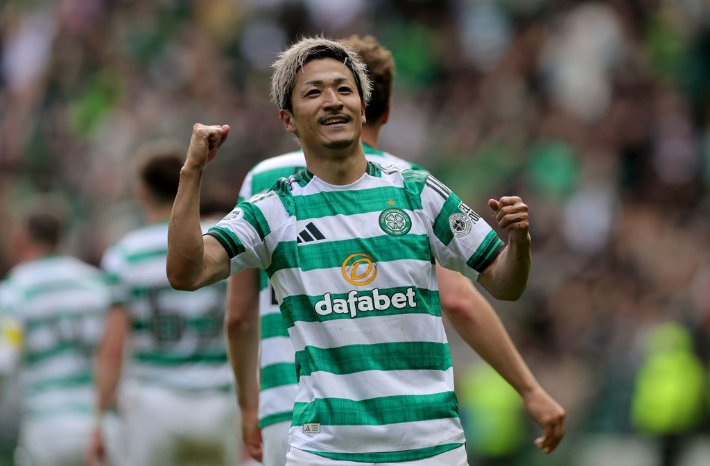 Celtic's Daizen Maeda celebrates after scoring during the Scottish Premiership soccer match between Celtic and Rangers, in Glasgow, Sunday May 10, 2026. (Steve Welsh/PA via AP)