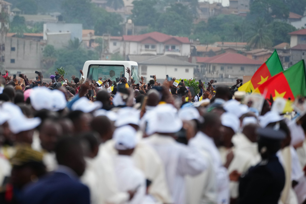 Pope Leo XIV arrives to celebrate Mass at Yaounde Ville Airport, Cameroon, Saturday, April 18, 2026 on the sixth day of his 11-day pastoral visit to Africa. (AP Photo/Andrew Medichini)