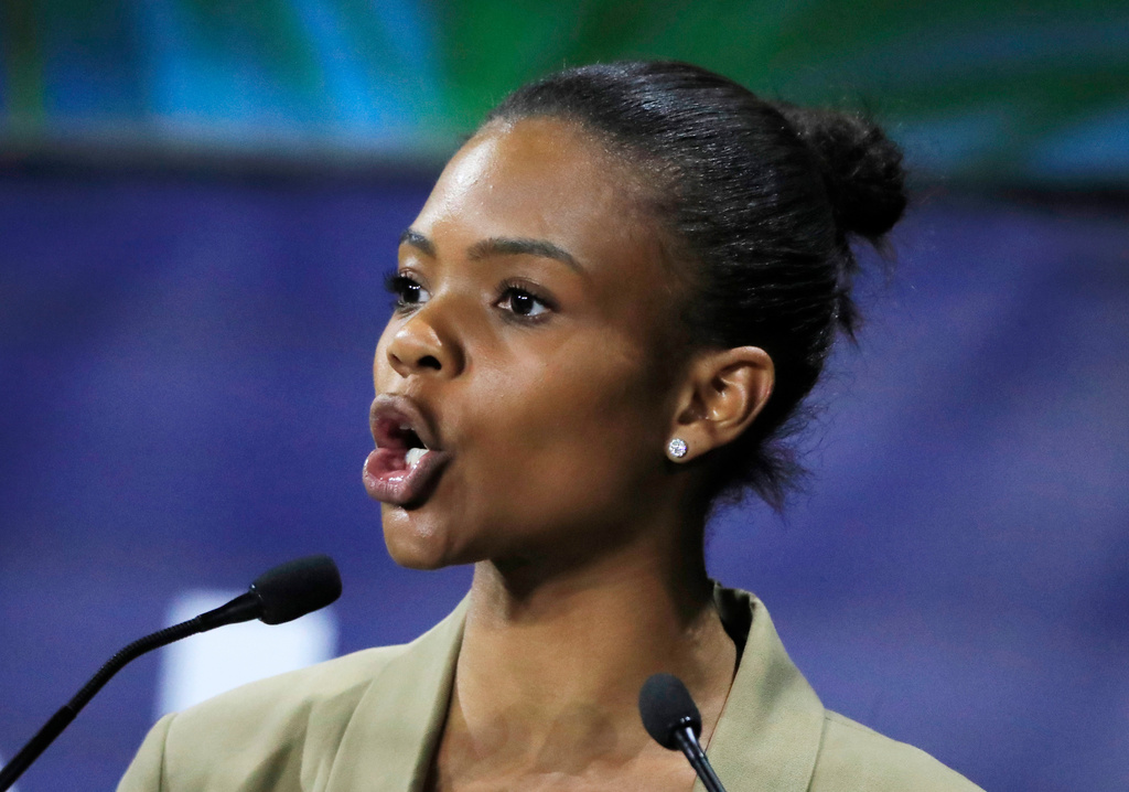 FILE - U.S. conservative commentator Candace Owens speaks at the Convention of the Right, in Paris, on Sept. 28, 2019. (AP Photo/Michel Euler, FILE)