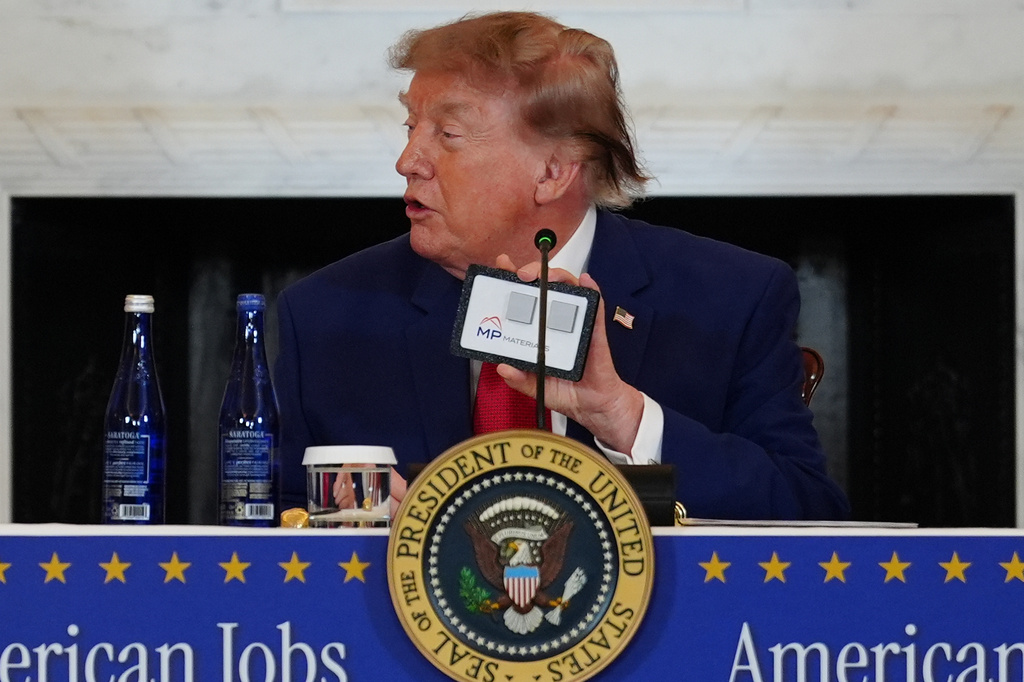 President Donald Trump speaks during a roundtable on the American mining industry, Friday, Aug. 7, 2026, at the State Department in Washington. (AP Photo/Julia Demaree Nikhinson)