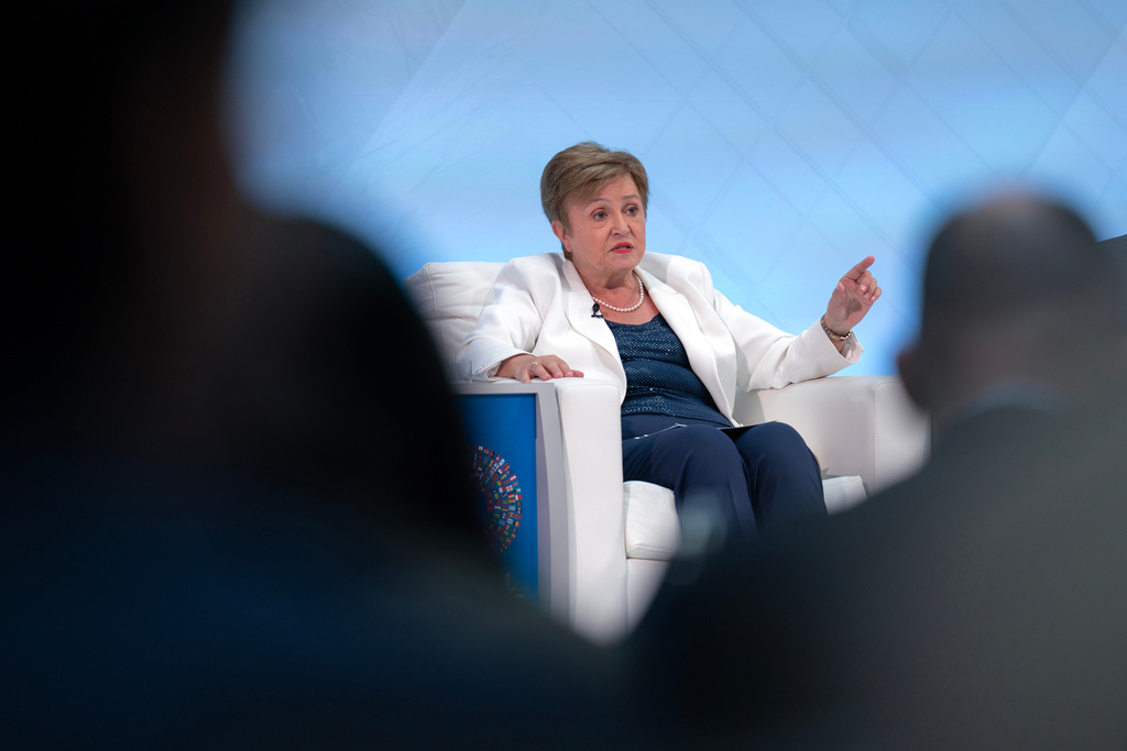 International Monetary Fund (IMF) Managing Director Kristalina Georgieva speaks at The Future of Finance conference during the World Bank/IMF Annual Meetings at the International Monetary Fund (IMF) headquarters in Washington, Tuesday, Oct. 14, 2025. (AP Photo/Jose Luis Magana)