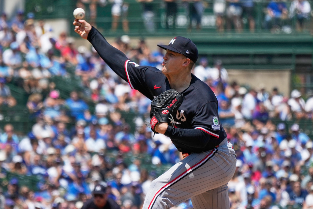 Minnesota Twins starting pitcher Zebby Matthews throws against the Chicago Cubs during the first inning of a baseball game in Chicago, Sunday, July 19, 2026. (AP Photo/Nam Y. Huh)