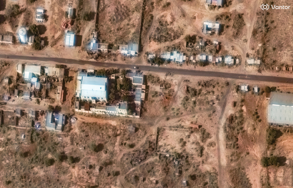 This satellite image from Vantor shows a trench experts suspect of being a mass grave being dug near a former children's hospital held by the paramilitary Rapid Support Forces in el-Fasher, Sudan, Sunday, Nov. 2, 2025. (©2025 Vantor via AP)