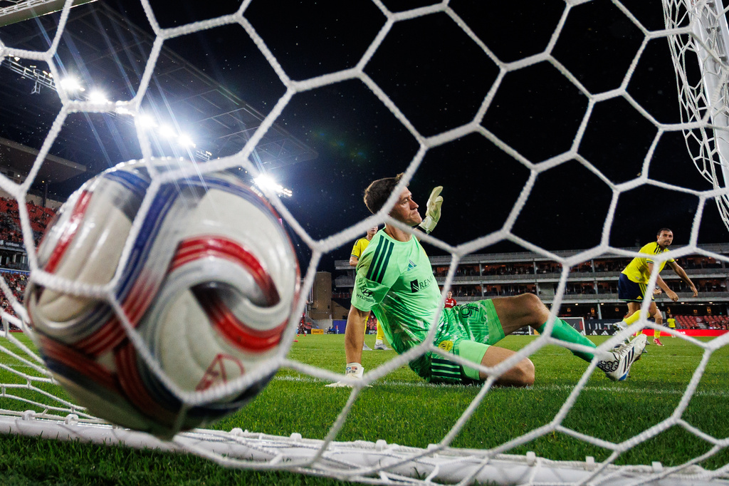 Nashville SC Goalkeeper Brian Schwake (99) reacts after being scored on by Toronto FC's Daniel Salloi, not shown, during the second half of an MLS soccer game in Toronto, on Wednesday, Sept. 9, 2026. (Keito Newman/The Canadian Press via AP)