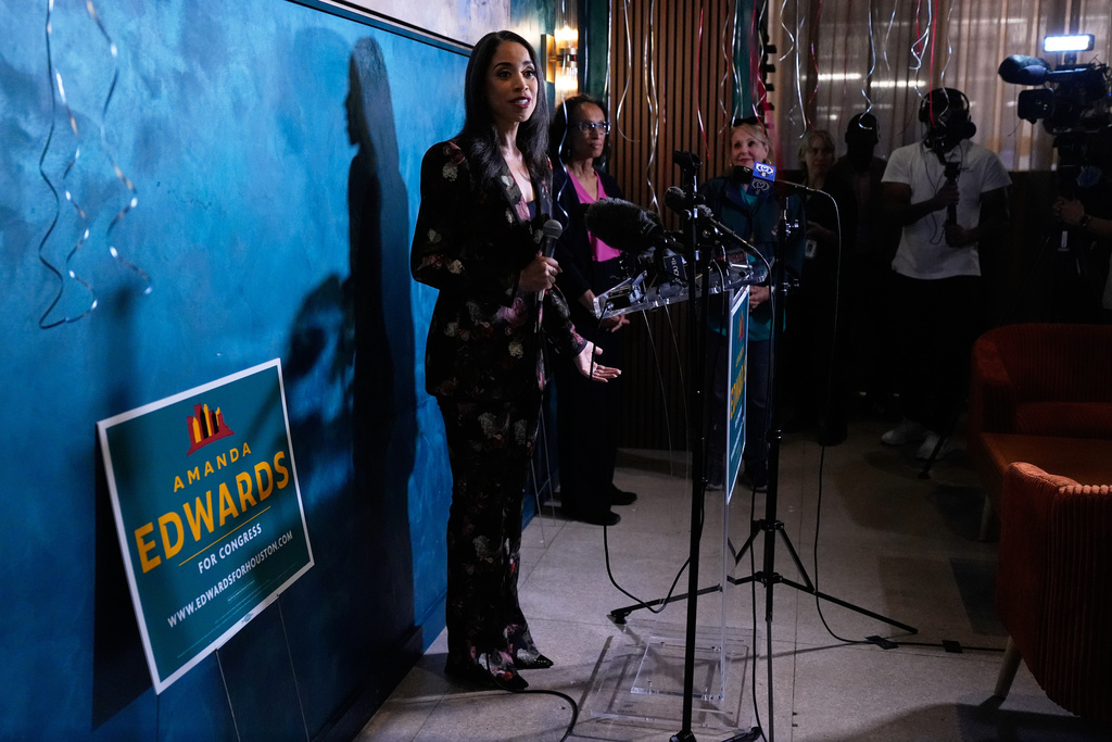 Democratic 18th Congressional District candidate Amanda Edwards speaks during an election night watch party on Tuesday, Nov. 4, 2025, in Houston. (AP Photo/Ashley Landis)