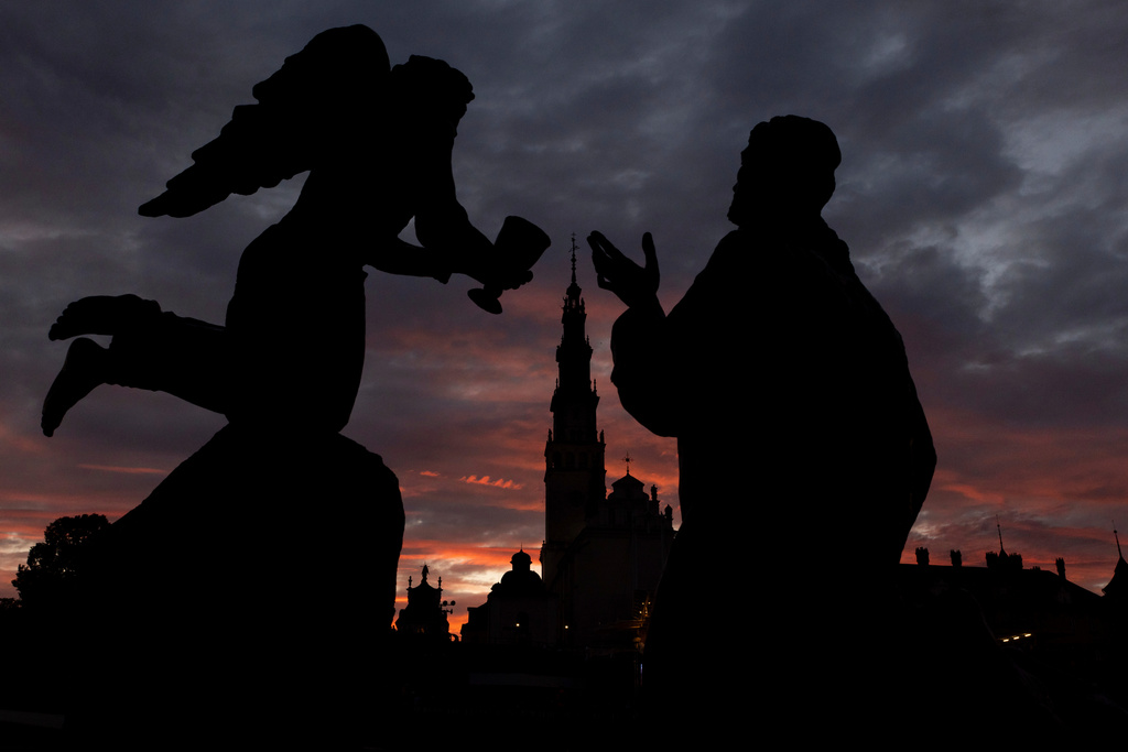 FILE - The Jasna Gora Monastery, Poland's most revered Catholic shrine, is seen at sunset in Czestochowa, Poland, Sept. 23, 2023. (AP Photo/Michal Dyjuk, File)