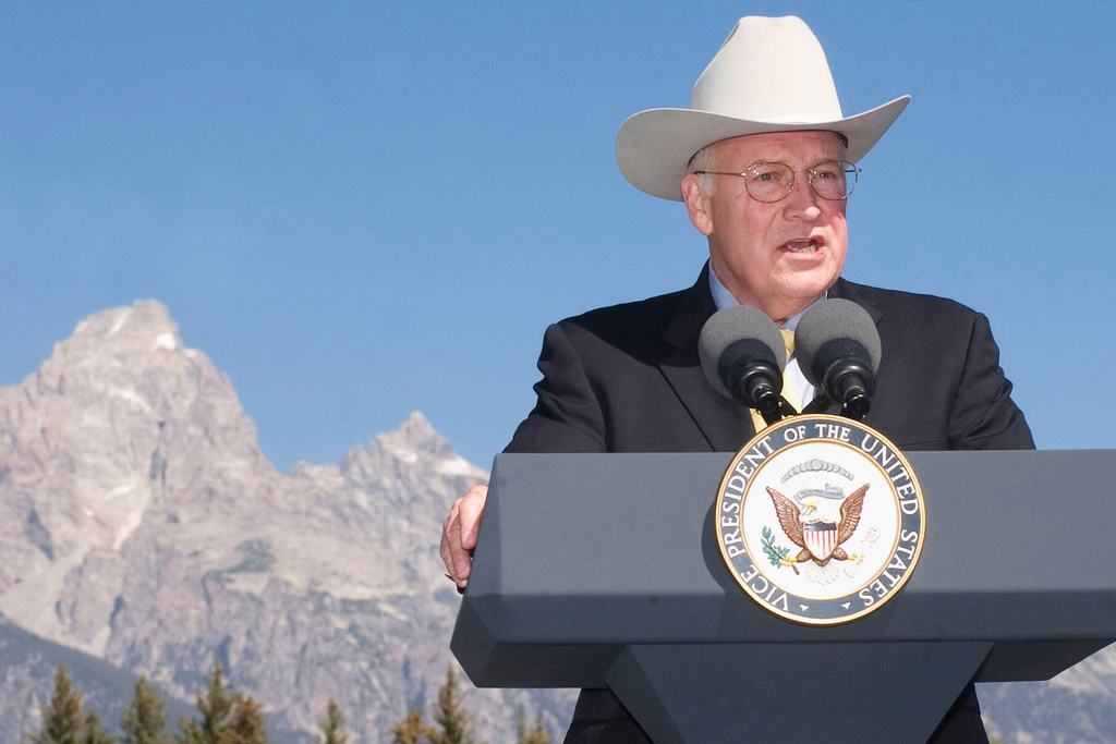 FILE - Vice President Dick Cheney addresses the crowd during a dedication ceremony of the Craig Thomas Discovery and Visitor Center in the Grand Teton National Park on Aug. 11, 2007, in Moose, Wyo. (Michael G. Seamans/Jackson Hole News & Guide via AP, File)