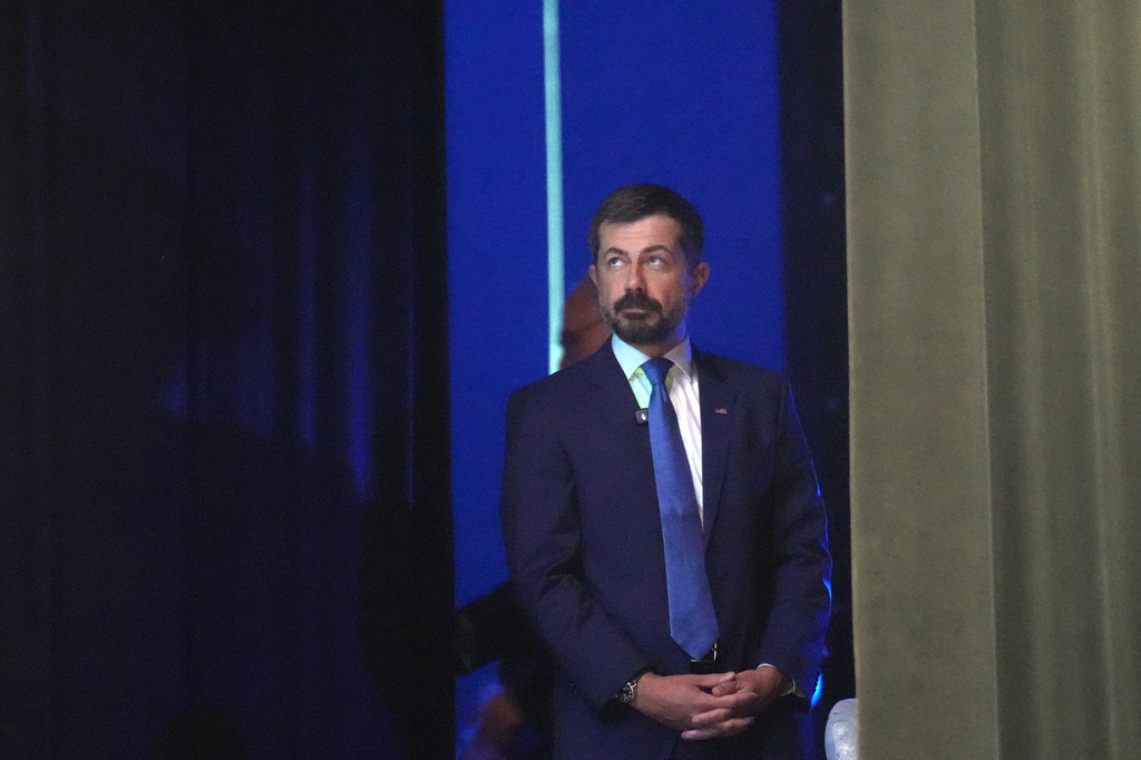Former Transportation Secretary Pete Buttigieg waits to be introduced at the South Carolina Democratic Party's Spratt Issues Conference, Saturday, Aug. 22, 2026, in Florence, S.C. (AP Photo/Meg Kinnard)
