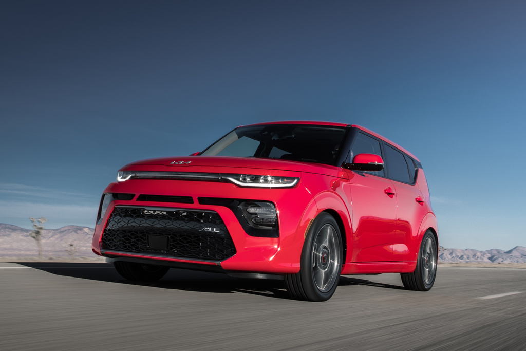 This photo provided by Kia shows the 2023 Soul. The Soul has plenty going for it, and its boxy shape yields roomy space for passengers and cargo. (Courtesy of Kia America via AP)