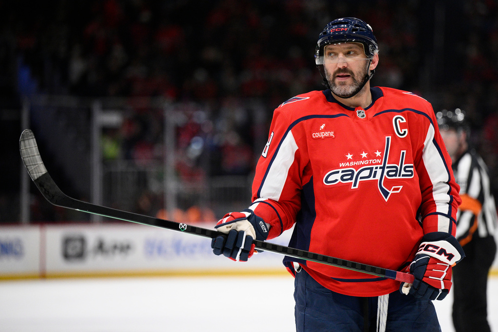 Washington Capitals left wing Alex Ovechkin looks on during the first period of an NHL hockey game against the San Jose Sharks, Thursday, Jan. 15, 2026, in Washington. (AP Photo/Nick Wass)