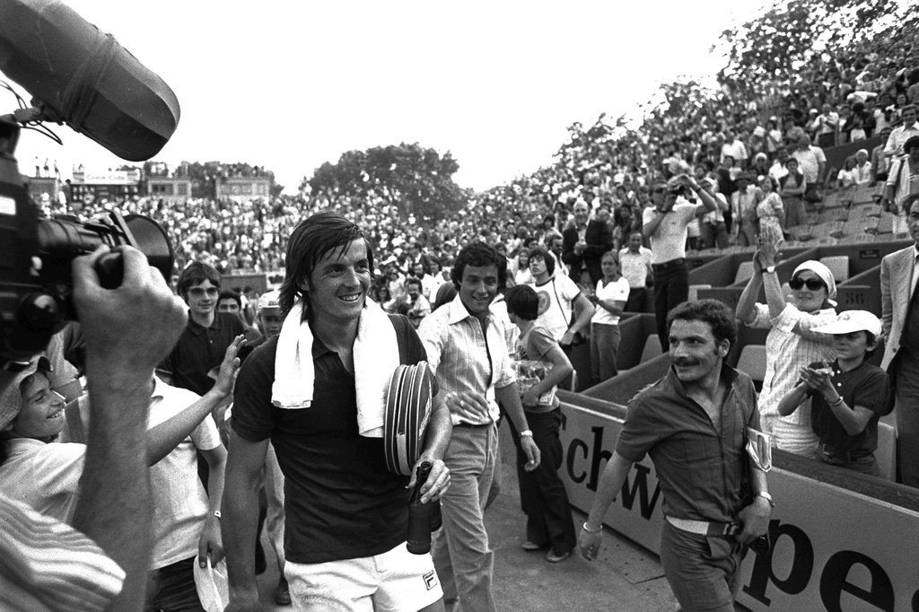 FILE - Adriano Panatta smiles after the quarter final match of the French Open Tennis Tournament in Paris on Sept. 6, 1976. (AP Photo/Michel Lipchitz)