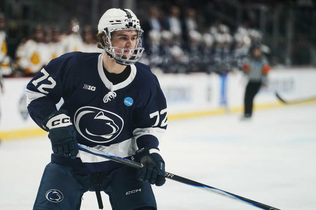FILE - Penn State forward Gavin McKenna (72) skates during an NCAA hockey regional game against Minnesota Duluth, March 27, 2026 in Albany, N.Y. (AP Photo/Vera Nieuwenhuis, File)