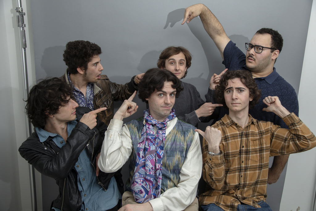 Zander Dueve, front row from left, Christian Conti and Dempsey Bobbitt, and back row from left, Vincent Panetta, Spencer Delorenzo and David Arkay pose for a portrait on Friday, April 11, 2025, in New York. (Photo by Andy Kropa/Invision/AP)