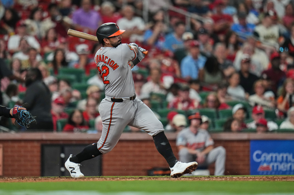 Baltimore Orioles' Christian Encarnacion-Strand follows through on a two-run single during the fifth inning of a baseball game against the St. Louis Cardinals Tuesday, Aug. 25, 2026, in St. Louis. (AP Photo/Jeff Roberson)