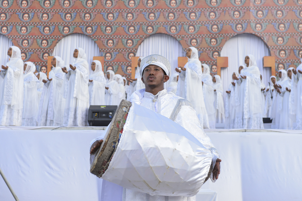 Ethiopian pilgrims pray during a Mass service for Ethiopian Christmas at the Bole Medhane Alem church in Addis Ababa, Ethiopia, Monday, Jan. 6, 2025. (AP Photo)