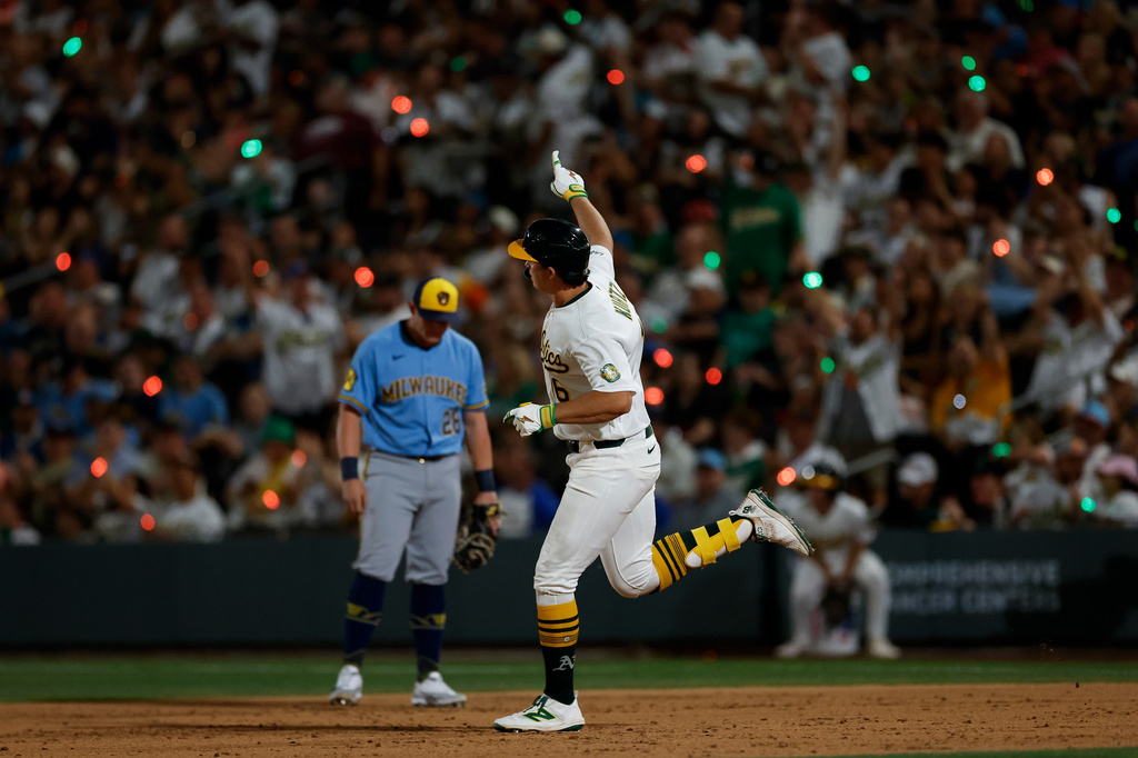 Athletics' Nick Kurtz (16) rounds the bases after hitting a solo home run during the sixth inning of a baseball game against the Milwaukee Brewers, Monday, June 8, 2026, in Las Vegas. (AP Photo/Caroline Brehman)