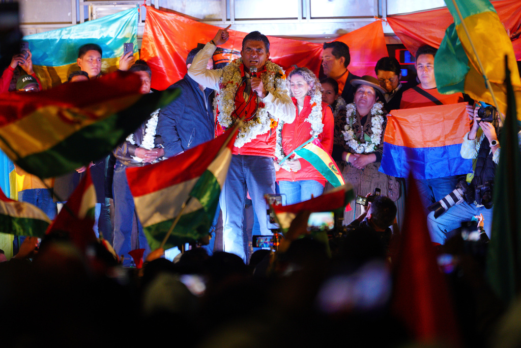 Presidential candidate Rodrigo Paz addresses supporters after preliminary results showed him leading in the presidential runoff election in La Paz, Bolivia, Sunday, Oct. 19, 2025. (AP Photo/Ivan Valencia)