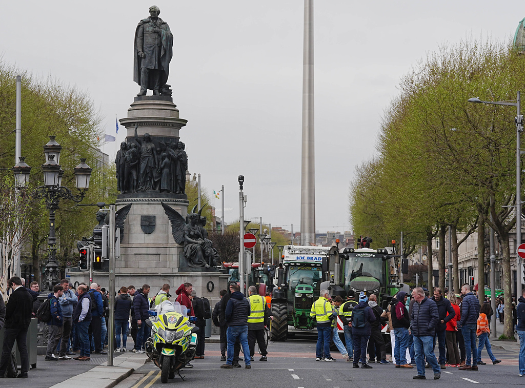Vehicles parked on O'Connell Street as protestors take part on the second day of a national fuel protest against rising fuel prices, in Dublin, Ireland, Wednesday, April 8, 2026. (Brian Lawless/PA via AP)